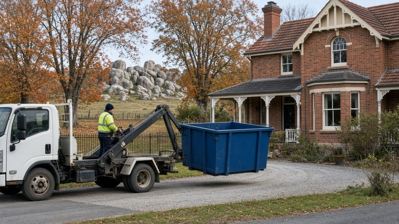 Blue skip bin on a rural block with granite boulders