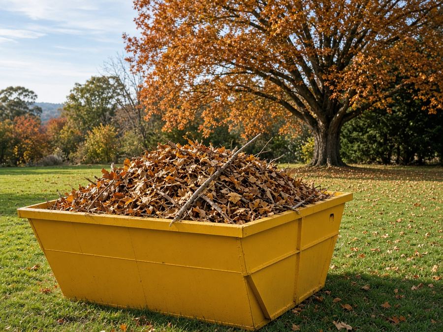 Yellow skip bin filled with autumn leaves