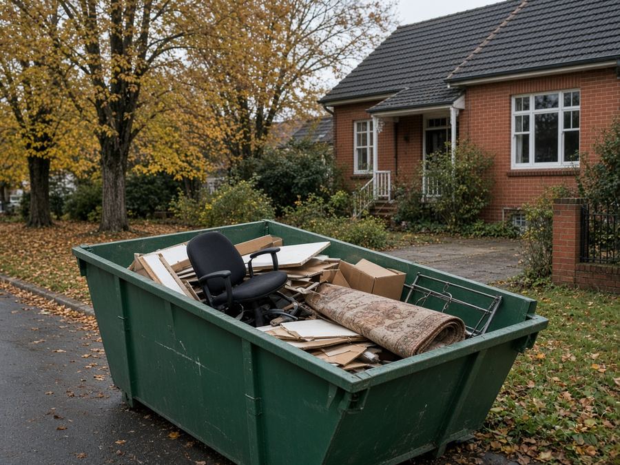 Green skip bin outside a share house during an end-of-lease clean-out