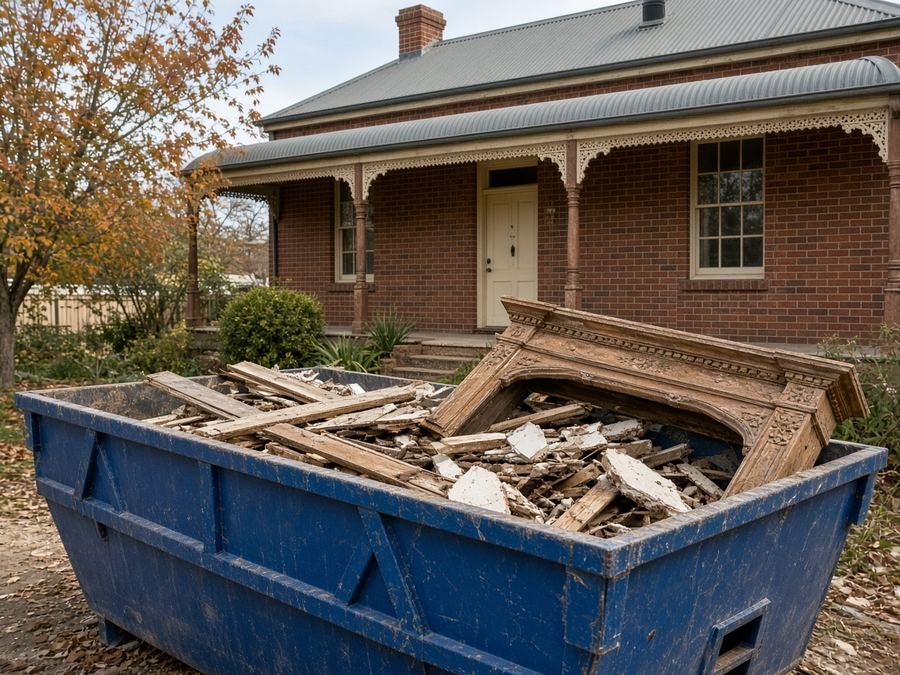 Blue skip bin outside a Federation cottage during a renovation