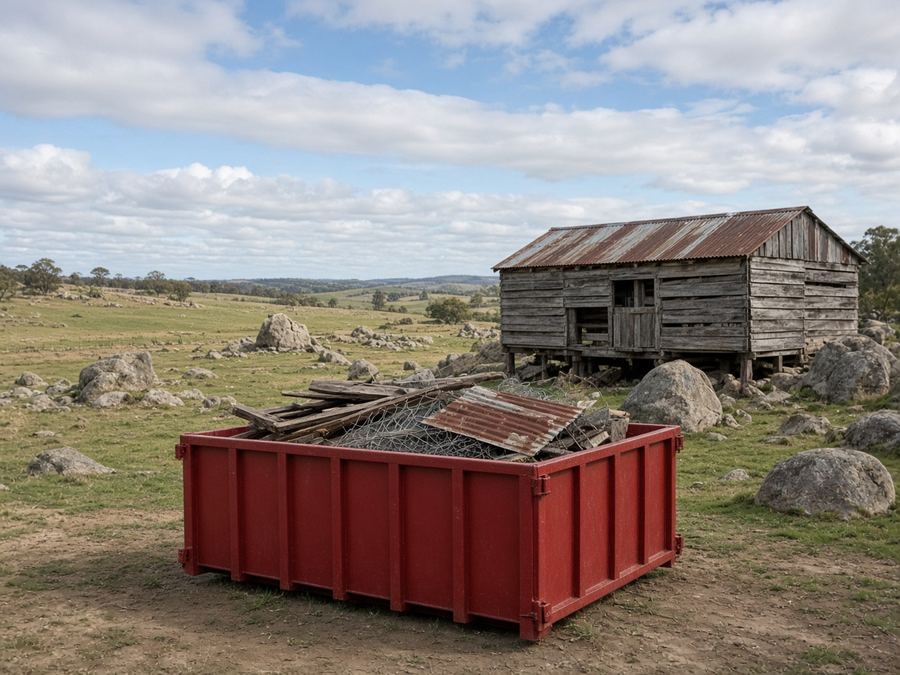 Red skip bin beside an old woolshed with granite outcrops