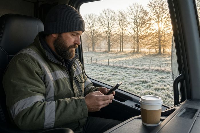 Skip truck driver in a beanie on a frosty morning