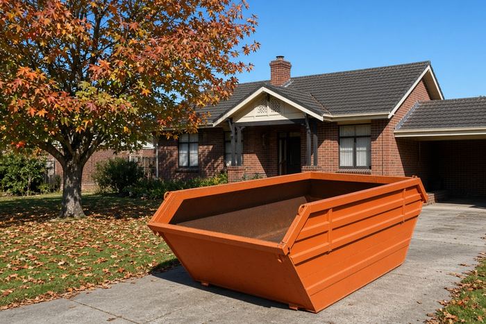 Orange skip bin under a liquidambar tree with autumn leaves